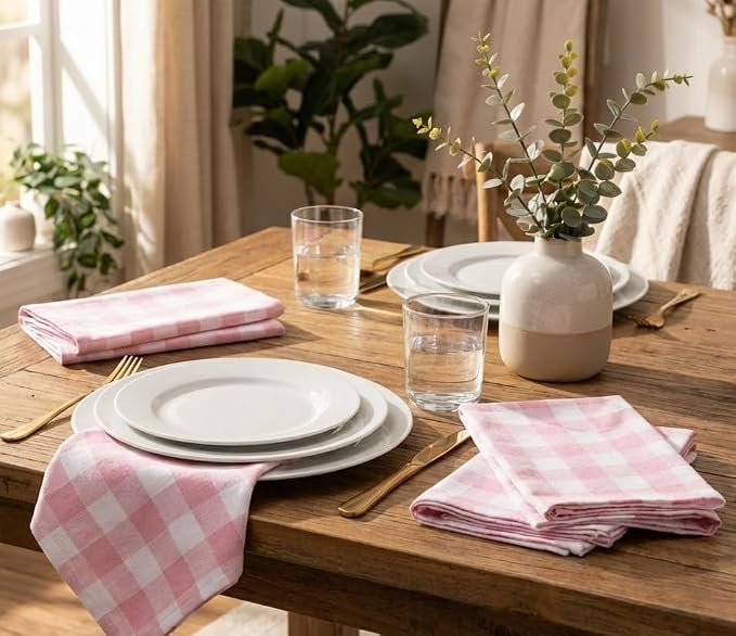 Cloth Napkins Set of 12, Reusable Dinner Napkins for Parties, Weddings, Baby Shower, Christmas Decorations, Everyday Fabric Serviettes for Dining Table, Pink White 18"x18" with Decorative Hemstitched - Image 6