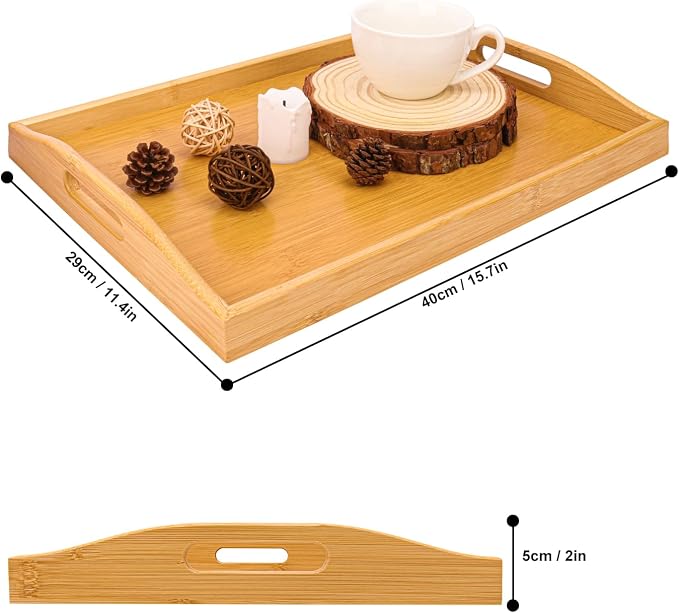 3 Pack Bamboo Serving Tray, 16x 11.6 Inch Wooden Serving Trays with Handles, Bamboo Trays for Serving Food, Perfect for Dinner, Tea, Bar, Breakfast, and Food for Parties, Bed, & Kitchen - Image 2