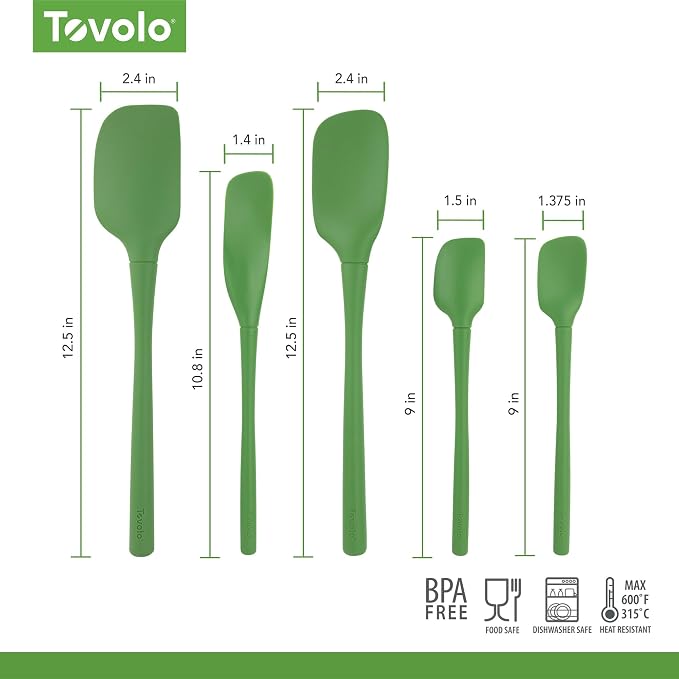 Tovolo Flex Core 5 Piece Silicone Spatula Set Heat Resistant All Silicone Utensils Include Non Stick Spatula Spoonula Jar Scraper, Dishwasher Safe BPA Free Spatulas for Baking Mixing, Pesto Green - Image 6