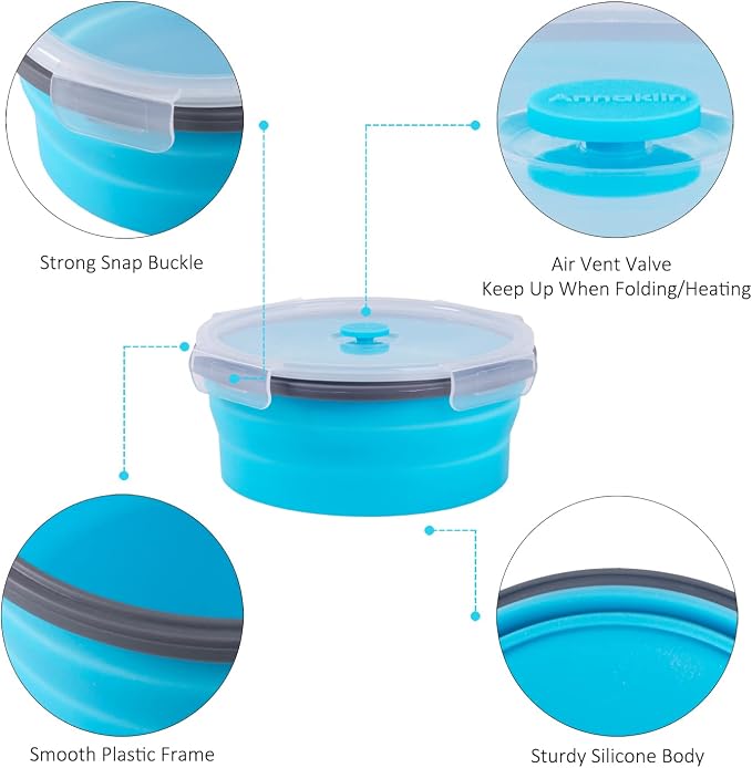 Collapsible Food Storage Containers with Airtight Lid & Vent, 40.5 oz, Kitchen Stacking Silicone Collapsible Meal Container Set for Leftover, Microwave Freezer Dishwasher Safe, Blue Round, Set of 4 - Image 4