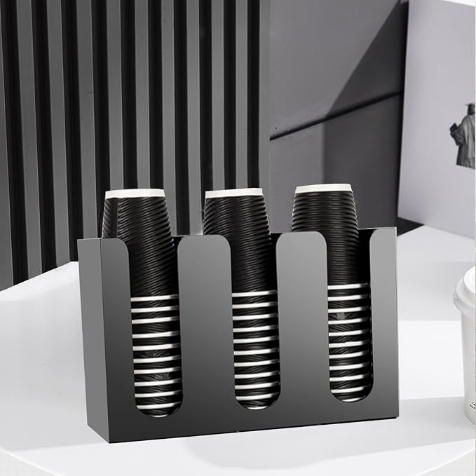 Tirifer Disposable Paper Cup Dispenser, Acrylic Coffee Cup and Lid Storage Organizer Holder, Coffee Milk Tea Shop Restaurant Accessories Christmas Party Supplies, 3 Compartments - Image 2