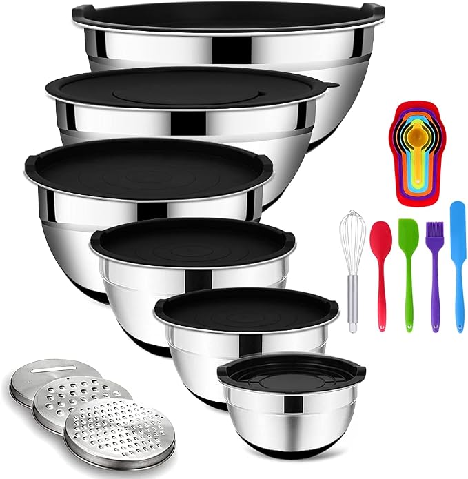 Rottay 20PCS Stainless Steel Mixing Bowls with Airtight Lids Set | Includes 3 Grater Attachments and Non-Slip Bottoms with Size 7, 4, 3, 2, 1.5, 1QT Nesting Bowls for Baking, Meal Prep by Rottay