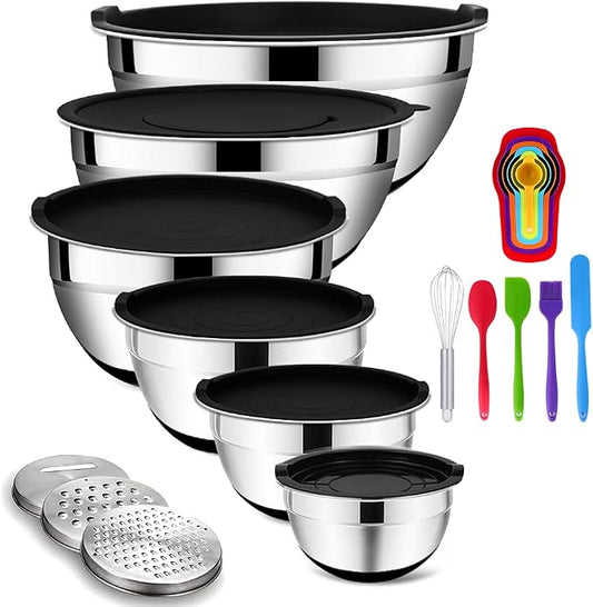Rottay 20PCS Stainless Steel Mixing Bowls with Airtight Lids Set | Includes 3 Grater Attachments and Non-Slip Bottoms with Size 7, 4, 3, 2, 1.5, 1QT Nesting Bowls for Baking, Meal Prep by Rottay