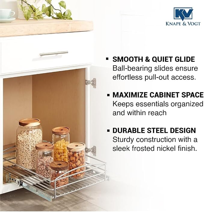 Knape & Vogt RS-MUB-14-FN 5 in. H x 15 in. W x 20 in. D Multi-Use Basket Silver Pull Out Cabinet Organizer, Frosted Nickel - Image 6
