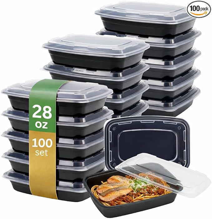 ProTakeOut Meal Prep Containers [100 Pack] Rectangular Food Storage Containers with Lids, Bento Box, BPA Free, Stackable, Microwave/Dishwasher/Freezer Safe To Go Food Containers for Meal Prep (28 oz) by ProTakeOut