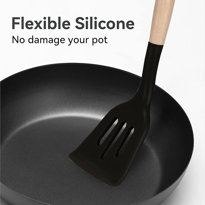 Non-Stick Silicone Cooking Utensils Set, 5 Pcs with Wooden Handle, Heat Resistant Silicone Kitchen Gadgets (Black) - Image 6