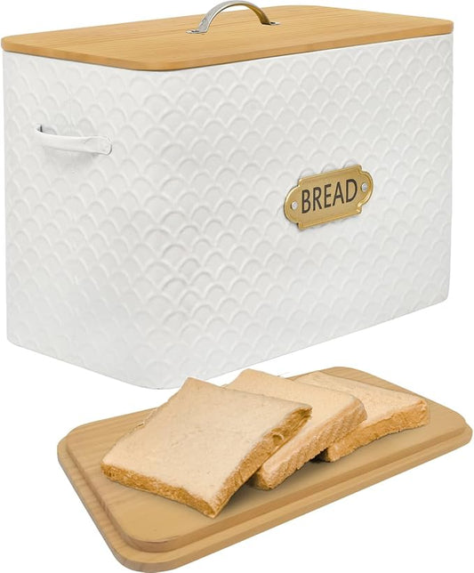 EMAX HOME Extra Large Space Saving Farmhouse Bread Box With Wood Lid - Holds 2 Loaves - Vertical Breadbox Bread Storage Bin Holder for Kitchen Countertop, White by EMAXHOME