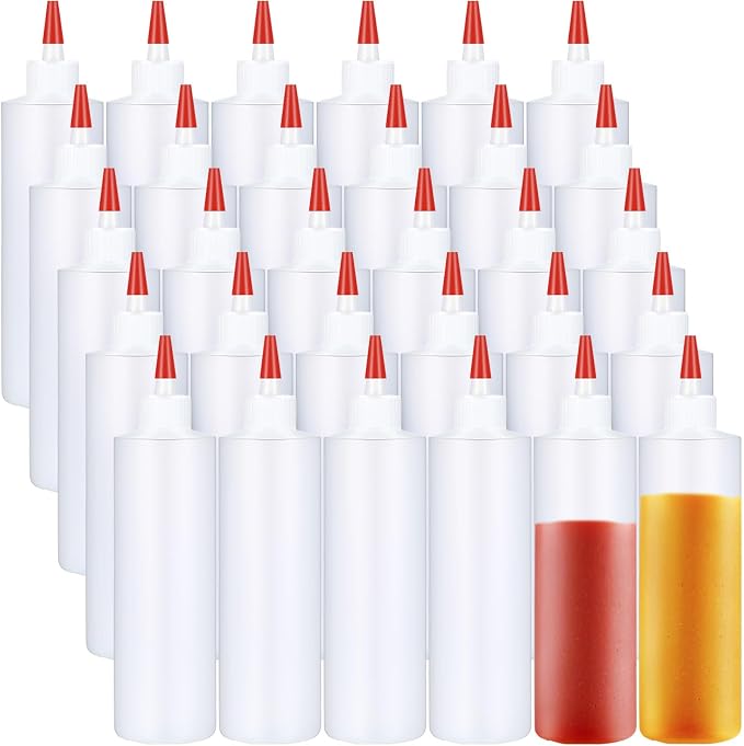 Yaomiao 30 Pack 16 oz Plastic Squeeze Bottles for Condiments Sauces Empty Leak Proof Squeeze Bottles Squirt Containers with Red Tip Cap for Ketchup, Condiments, Olive Oil, Glue by Yaomiao