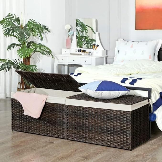 SONGMICS Storage Basket with Lid, Woven Blanket Storage Bin with Handles, Foldable, Removable Liner, Metal Frame, for Bedroom, Laundry Room, 42.3 Gallons (160 L), Brown URST76BR - Image 5