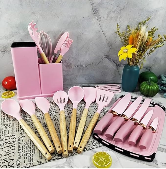 19 Piece Kitchenware Utensils and Knife Set- includes: 9 Piece Silicone Cooking Utensils- 5 Piece Sharp Stainless Steel Chef Knives- Scissors -Whisk Tongs and Cutting Board (Pink) - Image 6