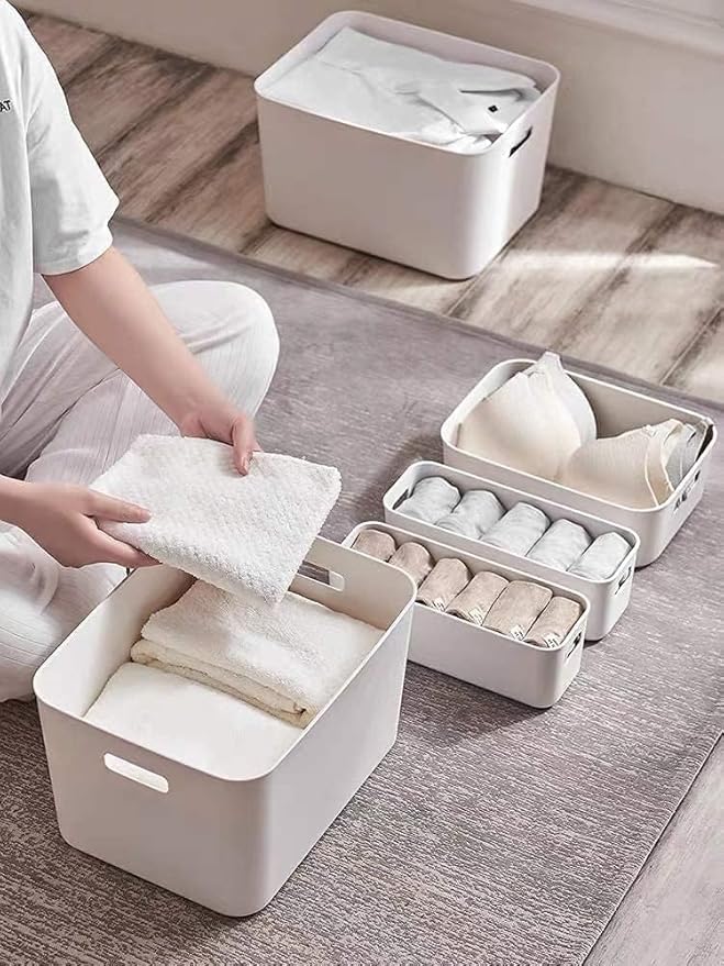 4 Piece Plastic Storage Baskets Boxes with Lids,11.8 x 8 x10 Inch Stackable Organizing Bins with Handles,White Versatile Containers for Pantry,Bathroom,Closet Shelves Desktop (White, 4XL) - Image 2