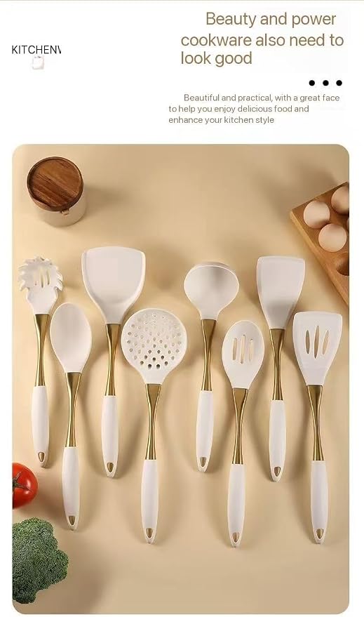 8-Piece Silicone Kitchen Utensil Set, White and Gold, Heat Resistant Cooking Tools with Comfort Handles- Includes Spatula & Spoon for Nonstick Cookware (White and silvery) - Image 8