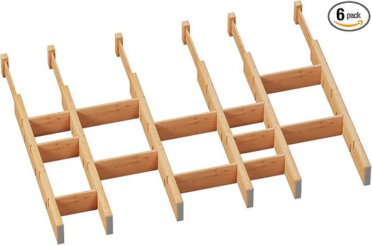 6 Pack Bamboo Drawer Dividers with Inserts, Kitchen Adjustable Drawer Organizers, Expandable Organization for Home, Dressers, 6 Dividers with 12 Inserts by VRICCC