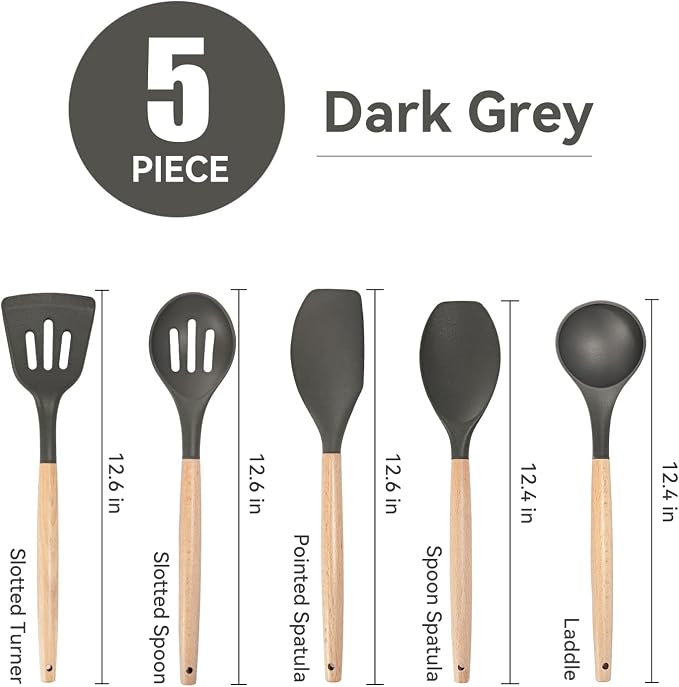 Non-Stick Silicone Cooking Utensils Set, 5 Pcs with Wooden Handle, Heat Resistant Silicone Kitchen Gadgets (Gray) - Image 3