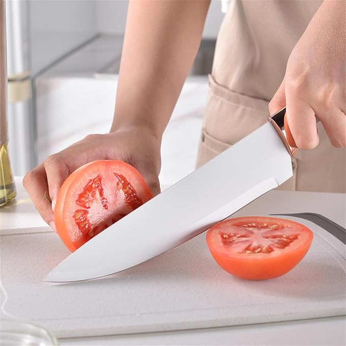 19 Pieces Kitchen Utensils and Knife Set with Block, Inldued 9 Pieces Silicone Cooking Utensils Set 5 Pieces Sharp Stainless Steel Chef Knives Scissors Whisk Tongs and Cutting Board (BEIGE) - Image 2