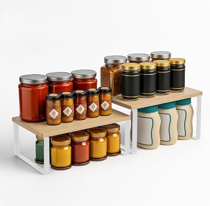 Sben Cabinet Organizer Shelf, Set of 2 Kitchen Counter Shelves, Kitchen Storage, Spice Rack, Stackable, Expandable, Metal and Engineered Wood, Cloud White and Natural Beige - Image 6