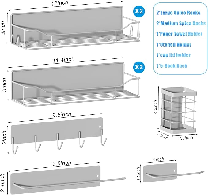 Magnetic Spice Rack for Refrigerator,8 Pack Magnetic Fridge Shelf, Moveable Spice Organizer with Hook Rack, Paper Towel Holder, Utensil Holder,cup lid holder, Super Magnetic Rack Set (Grey) - Image 2