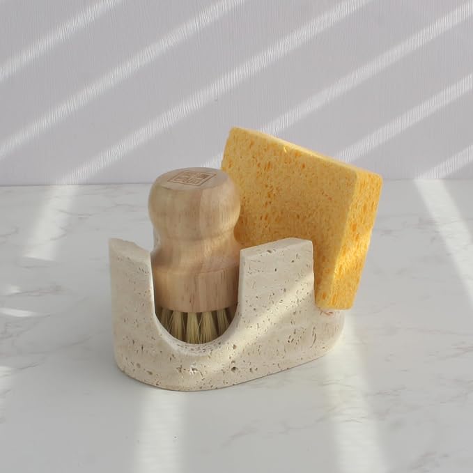 Natural Travertine Marble 2-Slot Sponge Holder for Kitchen Counter, 2-in-1 Stone Drying Rack, Sponge Caddy for Sink Organizer - Beige Travertine - Image 4