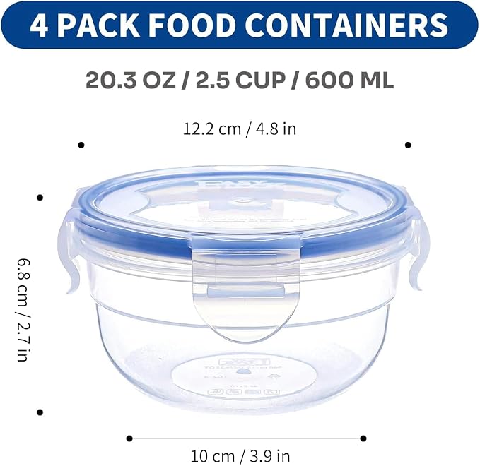 KIGI Plastic Round Food Storage Container, 4 Pack (2.5 Cup) | Small Plastic Bowls with Leakproof Lids, Ideal for Lunch, Meal Prep, Soup & Snack, 20 oz - Image 4