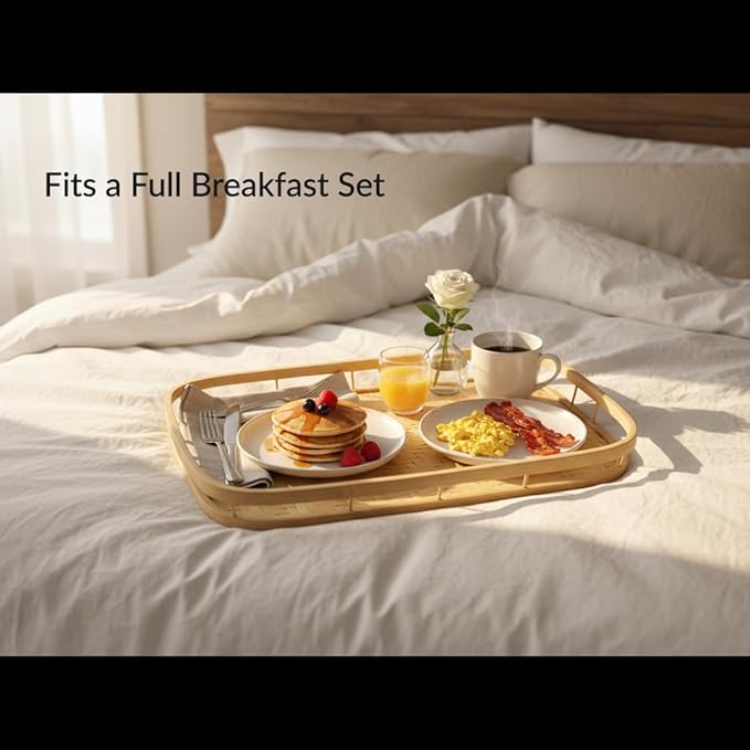 PEMAR Set of 6 Natural Bamboo Trays for Eating - Hand-Woven Handcrafted Rectangular Serving Trays with Handles - Unique Stackable Lap Trays for Dinner, TV Trays for Couch, Farmhouse Decor - Image 5