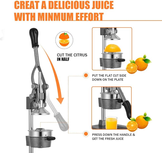 Commercial Heavy Duty Cast Iron Hand Press Manual Orange Citrus Lemon Lime Grapefruit Pomegranate Fruit Juice Squeezer Machine with Stainless Steel Cup Grey - Image 5