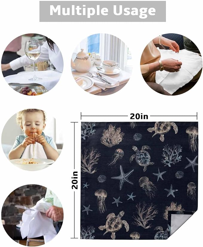 Ocean Turtle Cloth Napkins Set of 4 - Nautical Coastal Coral Starfish Jellyfish Black Washable Dinner Napkins Reusable Table Napkins for Party Weeding Dining Table Setting Decoration,Oversized 20"x20" - Image 5
