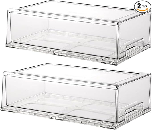 Stackable storage drawers, clear pull-out organizer with handles and non-slip pads for kitchen, refrigerator,office desktop, pantry and shelves, perfect for organization and storage (2 Pack, Large) by Unknown
