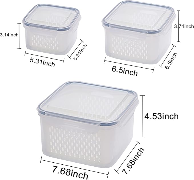 3Pack Fridge Food Storage Container Set with Lids with Strainer, Fruit Vegetable Storage Containers Keep Fruits, Vegetables, Berry, Meat Fresh longer, BPA-Free Plastic Produce Keepers - Image 4