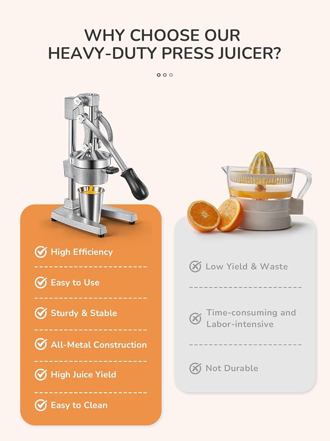 QCen Manual Citrus Juicer Cast Iron Heavy Duty Orange Press | Stainless Steel Strainer, Hand Squeezer, Easy To Clean, For Orange, Lemon, Lime And Grapefruit, Silver - Image 2