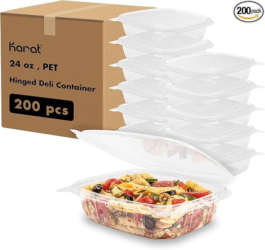 Karat 24oz - 200 ct PET Clamshell Square Deli Containers - For Pasta Salads, Fruit, Deli Sides, and Home Meal Prep - Clear Plastic Food Containers I 7.26"x6.2"x2.05" by Karat