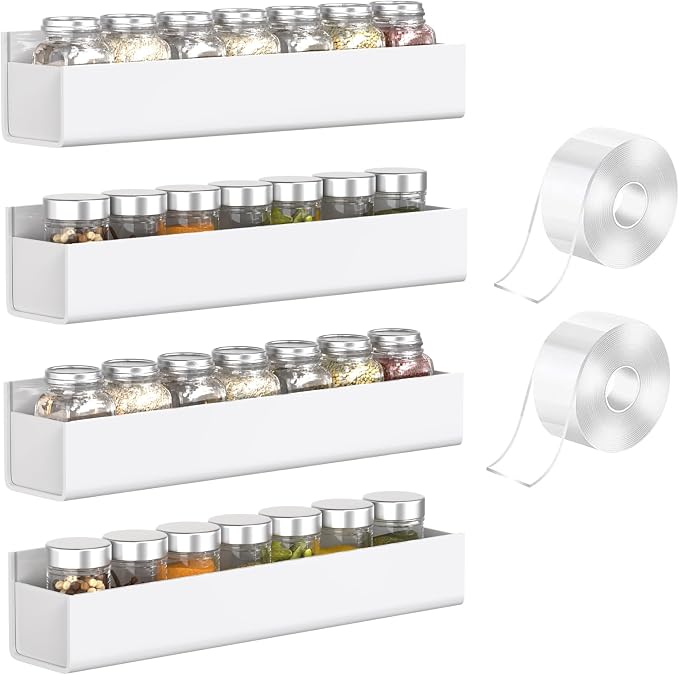 PMMASTO Adhesive Acrylic Spice Rack Organizer for Wall with Nano Double Sided Tape, Spice Shelf Organization for Kitchen Cabinet Door/Pantry Door, Wall Mount Seasoning Rack (White - 4 Pack) by PMMASTO