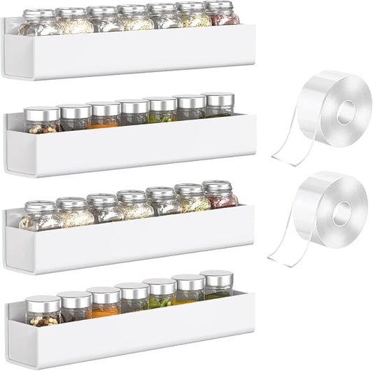 PMMASTO Adhesive Acrylic Spice Rack Organizer for Wall with Nano Double Sided Tape, Spice Shelf Organization for Kitchen Cabinet Door/Pantry Door, Wall Mount Seasoning Rack (White - 4 Pack) by PMMASTO
