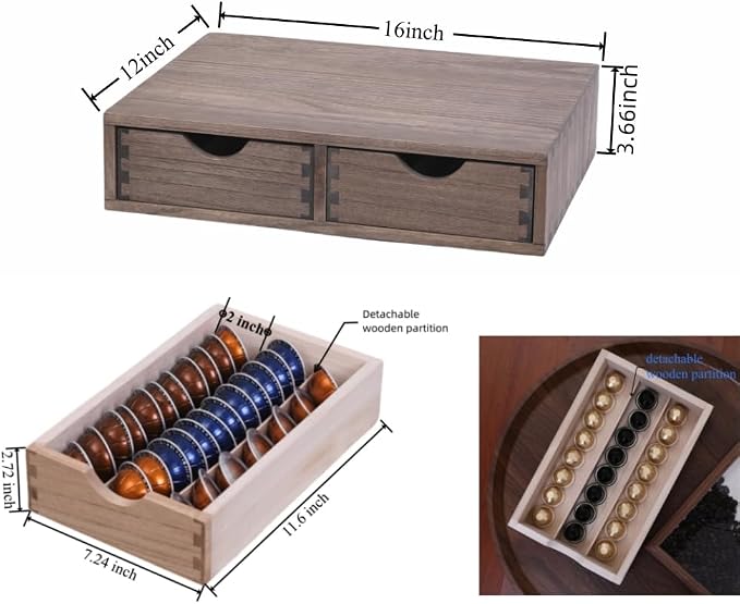 DDYURI Coffee Pods Storage Drawer Holder for Capsules - Multi Functional Desk Organizer Drawers For K cups Coffee Maker Brew - Kitchen Mini Wooden Box Chest Sideboard Counter Organization CF1D2C Dark - Image 3