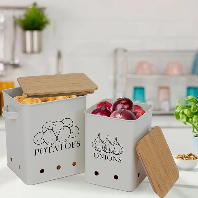 Kitchen Vegetable Storage Tins Set of 2, Onion and Potato Storage Bins with Wooden Lid and Aerating Holes, Garlic Bin Caddy, Vintage Kitchen Decor, White - Image 3