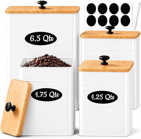 Kitchen Canister Set of 4, White Airtight Metal Flour Sugar Containers | 4 Practical Capacities, Flat Bamboo Lids, Wide Openings, Reusable Chalkboard Labels & Marker, Countertop and Pantry Organized by Unknown