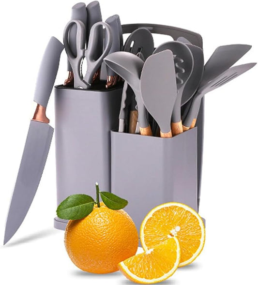 19 Pcs Kitchen Cooking Utensils and Knife Set with Block, Include 11 Pcs Silicone Cooking Utensils Set 5 Pieces Sharp Stainless Steel Chef Knives Scissors Whisk Tongs and Cutting Board (Grey) by YAQIZENG