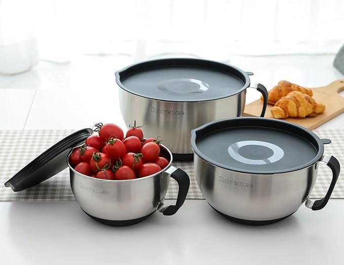 Stainless Steel Mixing Bowls Set with Lids,1.5,3 & 5 Qt,Black | Non-Slip Silicone Base,Precision Pour Spout,Ergonomic Easy-Grip Handle,Measurement Marks,Airtight Lids,Cooking & Meal Prep - Image 4