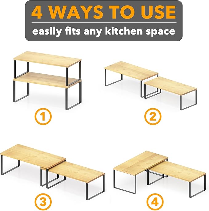 SpaceAid Cabinet Shelf Organizers 2 Pack, Kitchen Counter Rack Shelves Riser, Stackable Expandable Spice Rack, Pantry Cupboard Storage Organization (Black and Natural, Long) - Image 6