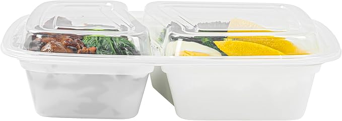 Asporto 32 Ounce Compartment Take Out Boxes, 50 Microwavable Meal Prep Containers - 2 Compartments, With Clear Plastic Lids, White Plastic Food Containers, Do Not Contain BPA - Restaurantware - Image 10