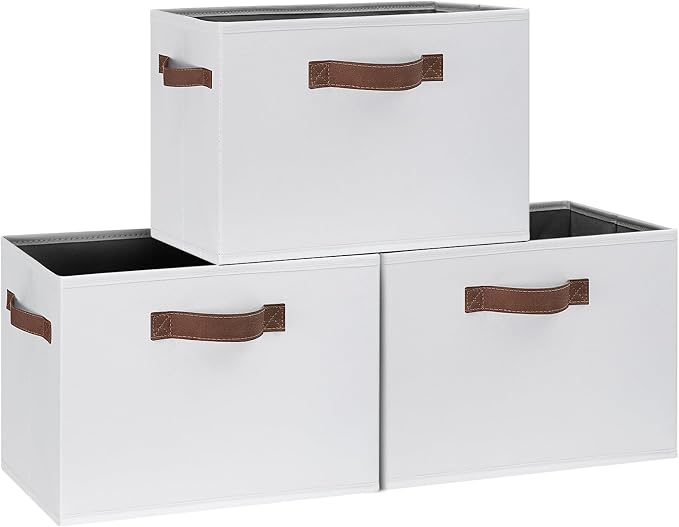 GhvyenntteS Large Fabric Storage Bins with 3 Handles, 15x11x9.6 Inch Storage Baskets for Shelves, Foldable Closet Storage Bins for Shelves, Closet Organizers and Storage Boxes, White by GhvyenntteS