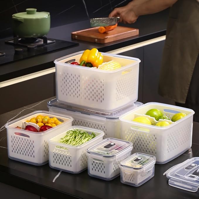 4 In 1 Food Storage Containers, Produce Storage Containers for Fridge, Fruit Storage Containers with Colander, Leakproof Fridge Organizer Bins for Salad Berry Vegetables Meat Keeper Fresh (4 Set) - Image 7
