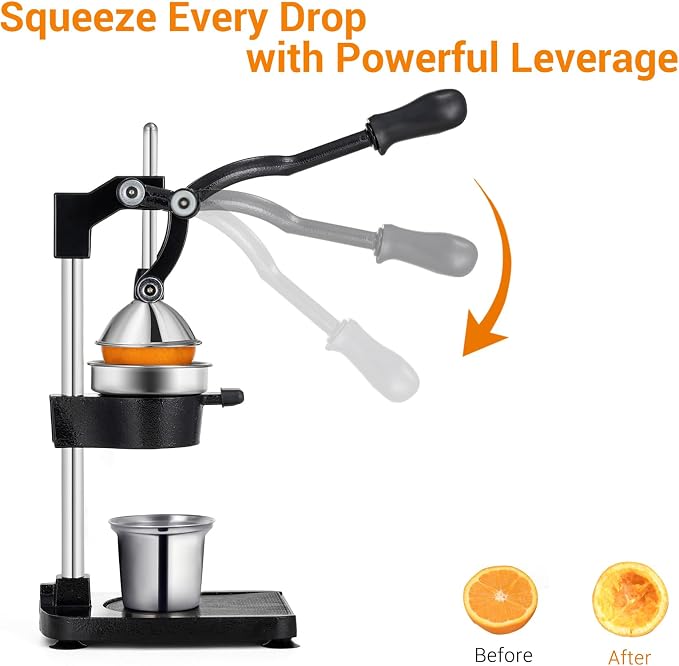 TONGCHANT Cast Iron Manual Juicer for Orange Lemon & Pomegranate, 17" Tall | Heavy Duty Orange Juicer Squeezer, Citrus Press, Hand Press Juicer, Stainless Steel Cup, Easy to Clean, Black - Image 6