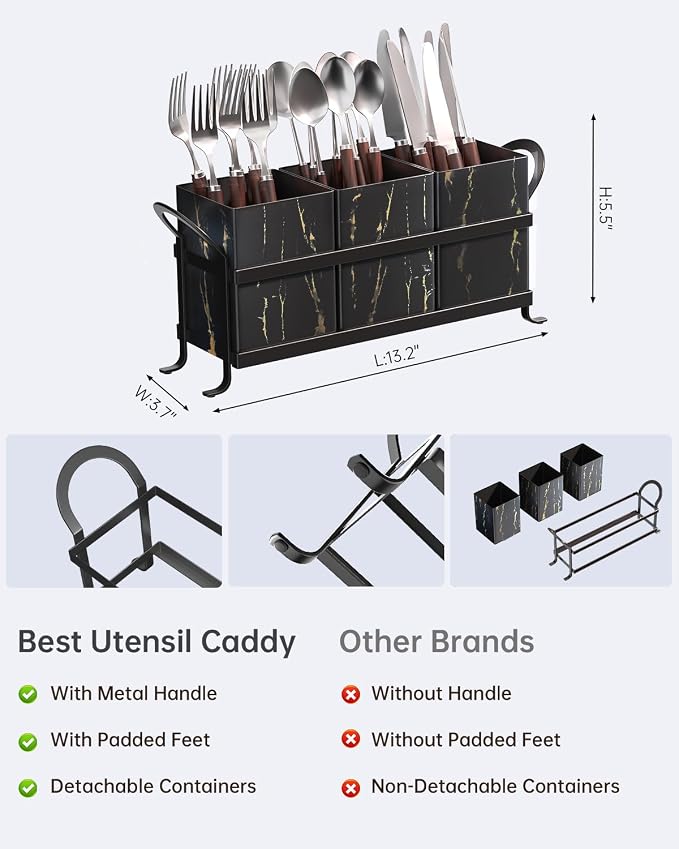 Classic Farmhouse Kitchen Organizer - Exquisite Black Gold Marble Metal Silverware Caddy, 3 Spacious Compartments, Ideal for Cutlery, Cooking Tools & More - Image 2