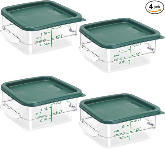 4 Pack Food Storage Containers with Green Lids, 2.0 Qt - Square, Clear, Polycarbonate, for Restaurant Commercial Kitchen and Home party by TSUBOR