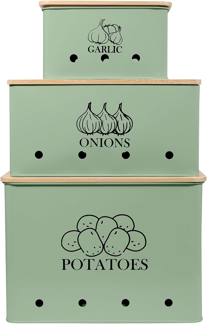 Kitchen Vegetable Storage Tins Set of 3 for Potato Onion & Garlic with Wooden Lid and Aerating Holes, Kitchen Storage Canisters Set, Vintage Kitchen Decor - Green by Gdfjiy