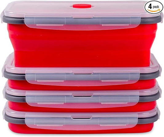 Collapsible Food Storage Containers with Airtight Lid & Air Vent, 40.5 oz, Kitchen Stacking Silicone Collapsible Meal Prep Container Set for Leftover, Microwave Freezer Dishwasher Safe, Red, Set of 4 by Annaklin