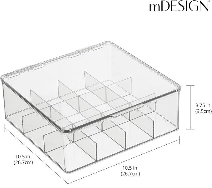 mDesign Plastic Kitchen Organiser — Practical Storage Box with 12 Compartments and Hinged Lid — Pantry Storage Box with Lid for Tea, Coffee, Spices and Other Foodstuffs — Clear - Image 3