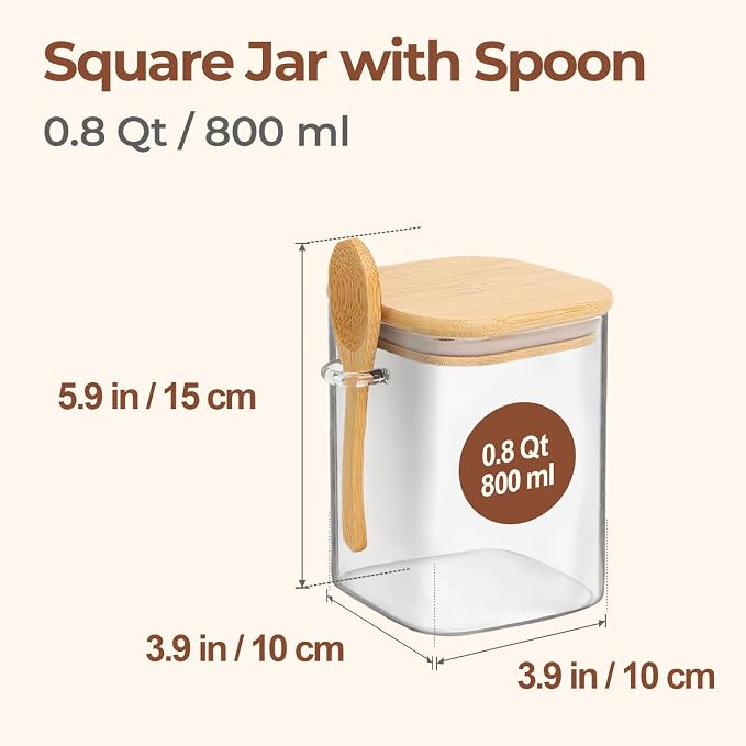 ComSaf Glass Container with Spoon & Lid 0.8 Qt, 4 Pack Glass jar with spoon | Coffee and Sugar Container Set, Coffee Bar, Salt Jar, Bamboo Lid with Silicone Seal, 27oz Canister, Spice,Seasoning, BPA Free - Image 2