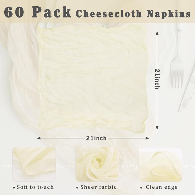 Beige 60 Pack Cheesecloth Napkins Washable 21x21 Inches Beige Cloth Napkins Set of 60 Dinner Table Napkins for Wedding Summer Bridal Baby Shower Rustic Boho Cotton Gauze Party Table Decor - Image 3