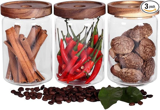 SAIOOL Glass Jars, Food Storage Containers with Airtight Acacia Lids, 20FL OZ(600ml) Glass Canisters Set-3, Clear Containers Suit for Storing Tea, Coffee, Flour, Candy, Cookie, Rice, Sugar, Pasta by SAIOOL